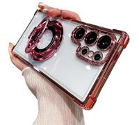 Anti-Fall Four Corners Magnetic Phone Case With Invisible Ring Stand,Transparent Slim Phone Case For Samsung S25 Ultra, S24, S23, S22 Series (Pink,S22Ultra)