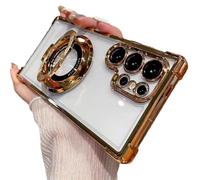 Anti-Fall Four Corners Magnetic Phone Case With Invisible Ring Stand,Transparent Slim Phone Case For Samsung S25 Ultra, S24, S23, S22 Series (Gold,S24)