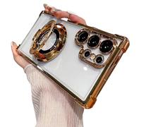 Anti-Fall Phone Case with Invisible Ring Stand for Samsung Galaxy S25 Ultra, Four Corners Anti-Drop Magnetic Electroplated Transparent Foldable Bracket Protective Cover (Gold,S22Uitra)