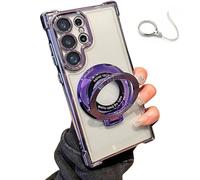 Anti-Fall Phone Case with Invisible Ring Stand for Samsung S25, S24, S23, S22, Magnetic Stand Mobile Phone Cases for Samsung, Electroplated Four Corners. (S25,Purple)