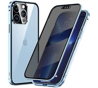 Anti Peep Custodia Compatibile con iPhone 15 Pro, Adsorbimento Magnetica Anti-Spia Cover 360 Gradi Protezione Privacy Vetro Temperato Anti-Peeping Custodia Metal Bumper Case Cover,Blu