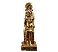 Antica statua egizia di Sekhmet, dea della guerra seduta unica foglia d'oro dipinta a mano fatta in Egitto anche scritto di Sakhmet, in religione egiziana, un dio del distruttore dei nemici del dio