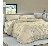 Antiche Tradizioni Trapunta Geometrica di Lusso, Imbottita Calda 580gm con Motivo a Rombi, con bordo pelliccia Copriletto Matrimoniale in Tessuto Morbido, Beige