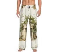 Antico Edificio Con Ramo Di Ulivo Romano E Uomini Greci Poliestere Pigiama Pantaloni Lunghi Pj Bottoms, Sleepwear Lounge Sleep Pants Con Tasche Pack, Nero , M