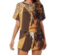 Antico Egitto Segreti Piramide Sfinge Pigiama delle Donne Set Camicia A Maniche Corte E Pantaloncini 2 Pezzi Loungewear Sleepwear, Stile:, L