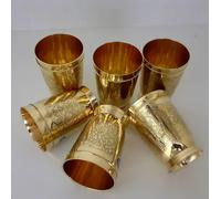 Antico Splendido Incisione Floreale Design Puro Ottone Vetro 6 Pezzi Natale Gift