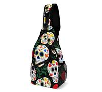 Antifurto Zaino A Monospalla Mexican Day Dead Roses Sugar Skulls Borsa A Tracolla Sul Petto Causal,Libero Borsa A Spalla Uomo per Outdoors Alpinismo Campeggio