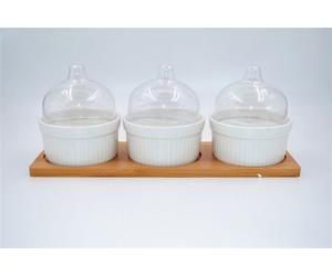 Antipastiera Ciotoline in Ceramica con Base in Legno 3 Coppette con Coperchi