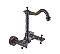 Antique all-Copper in-Wall Hot And Cold Basin Faucet Wall-Mounted Wall-Mounted Double-Handle washbasin Faucet, Black Ancient Flat Bottom High Model