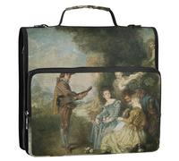 Antoine Watteau - Raccoglitore a 3 anelli, resistente, con cerniera, 3 anelli, con tracolla, motivo floreale, con manico