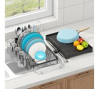 ANTOPY Scolapiatti in lavello, espandibile, antiruggine, per bancone da cucina, scolapiatti per lavello, scolapiatti con porta utensili, vassoio per tazze, scolapiatti salvaspazio