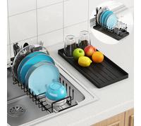 ANTOPY Scolapiatti per lavello - Piccolo scolapiatti espandibile sopra il lavello con vassoio in silicone, scolapiatti da cucina con portaposate