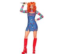 Anuedgis Costume da bambola killer da donna, 2 pezzi, a righe, con top a maniche lunghe e reggicalze, vestito per Halloween e cosplay horror (A-blu, S)