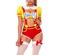 Anuedgis Costume da donna a tema paese delle meraviglie, 2 pezzi, giallo e rosso, con colletto alla Peter Pan, maniche a sbuffo, top corto e pantaloncini con bretelle, per Halloween, cosplay, feste