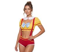 Anuedgis Costume da donna a tema paese delle meraviglie delle fiabe, 2 pezzi, giallo e rosso, colletto alla Peter Pan, maniche a sbuffo, top corto e pantaloncini con bretelle, per Halloween, cosplay