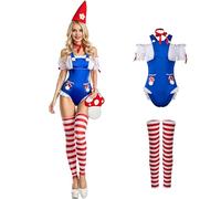 Anuedgis Costume da gnomo da giardino da donna, set da 4 pezzi, body blu con stampa fungo, cappello a cono rosso e scaldamuscoli a righe, per Halloween, foresta (blu, XL)