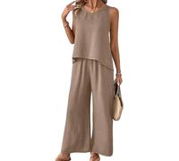 ANUFER Donna 2 Pezzi Set Abbigliamento Openwork Senza Maniche Canottiera con Vita Elastica Gamba Larga Pantaloni SN0702223 Cachi M