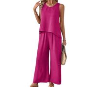 ANUFER Donna 2 Pezzi Set Abbigliamento Openwork Senza Maniche Canottiera con Vita Elastica Gamba Larga Pantaloni SN0702223 Fucsia S