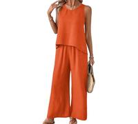 ANUFER Donna 2 Pezzi Set Abbigliamento Openwork Senza Maniche Canottiera con Vita Elastica Gamba Larga Pantaloni SN0702223 Arancione XL