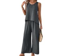 ANUFER Donna 2 Pezzi Set Abbigliamento Openwork Senza Maniche Canottiera con Vita Elastica Gamba Larga Pantaloni SN0702223 Grigio Scuro XL