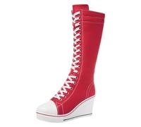 ANUFER Donna 8cm Tacco a Zeppa Tela Stivali Alti | Allacciatura, Cerniera Laterale, Piattaforma Alta, Punta Tonda, Fodera Traspirante, Sneakers Punk Dance