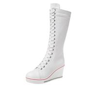 ANUFER Donna 8cm Tacco a Zeppa Tela Stivali Alti | Allacciatura, Cerniera Laterale, Piattaforma Alta, Punta Tonda, Fodera Traspirante, Sneakers Punk Dance