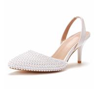 ANUFER Donna Elegante Perle A Punta Sling-Back Sandali Tacco 7cm Vestito Décolleté da Sposa SD5A50314 Bianco EU36