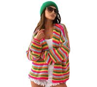 ANUFER Donna Oversized Striscia Arcobaleno Cardigan a Maglia Aperto Davanti Manica Lunga Spesso Maglione SN0708283 Fuschia L