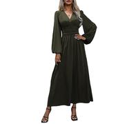 ANUFER Donna Profondo Scollo a V Maxi Abito Lungo Manica a Lanterna Spacco Laterale Abito da Festa SN079229 Verde Militare M