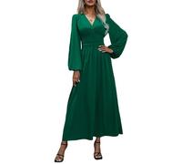 ANUFER Donna Profondo Scollo a V Maxi Abito Lungo Manica a Lanterna Spacco Laterale Abito da Festa SN079229 Verde 2XL