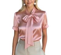ANUFER Donna Raso Papillon Collo Camicie da Lavoro Maniche Corte Formale Bluse Top SN0704248 Rosa 3XL