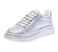 ANUFER Donne Moda Suola Spessa Scarpe da Ginnastica Luccichio Colori Sfumati Strass Allacciare Casuale Scarpe Sportive Argento SN070629 EU42