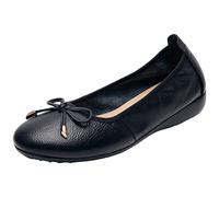 ANUFER Donne Vera Pelle Piccolo Tacco a Zeppa Ballerine Bello Fiocco Morbido Scivolare su Pompe Scarpe da Bambola Nero SN070519 EU39.5