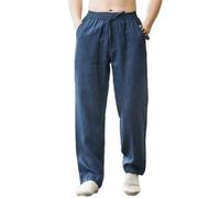 ANUFER Uomo Informale in Lino Pantaloni Tinta Unita Elastico in Vita Allentato Spiaggia Pantaloni SD5A40512 Blu 3XL