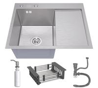 ANW HOME Lavello Cucina Argento 63x50 cm con Piano Sgocciolatoio, Colatore a Cestello & Dispensatore Sapone da 350ml, Lavello in Acciaio Inossidabile 304 con 2 Fori per Rubinetto e Sifone