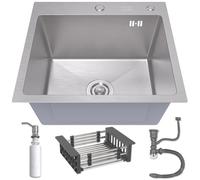 ANW HOME Lavello da cucina 50x45 cm con sifone, scolapiatti e dispenser di sapone da 350 ml, lavello da cucina in acciaio inossidabile 304 con 2 fori per rubinetto, lavello a montaggio a una vasca