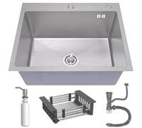 ANW HOME Lavello da cucina 60x50 cm con sifone, scolapiatti e dispenser di sapone da 350 ml, lavello da cucina in acciaio inossidabile 304 con 2 fori per rubinetto, lavello a montaggio a una vasca