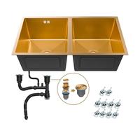 ANW HOME Lavello da cucina Gold PVD 80 × 45 cm - Doppio lavello 2 vasche profonde 21 cm, acciaio inossidabile 3 mm, con sifone, scolapiatti e dispenser di sapone