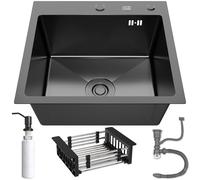 ANW HOME Lavello da Cucina Graphite 46x45 cm con Sifone, Scolapiatti e Dispenser di Sapone da 350 ml, Lavello da Cucina in Acciaio 304 con 2 Fori per Rubinetto