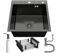 ANW HOME Lavello da Cucina Graphite 50x50 cm con Sifone, Scolapiatti e Dispenser di Sapone da 350 ml, Lavello da Cucina in Acciaio 304 con 2 Fori per Rubinetto