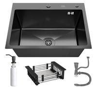 ANW HOME Lavello da Cucina Graphite 55x43 cm con Sifone, Scolapiatti e Dispenser di Sapone da 350 ml, Lavello da Cucina in Acciaio 304 con 2 Fori per Rubinetto