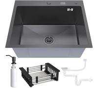 ANW HOME Lavello da Cucina Graphite 60x50 cm con Sifone, Scolapiatti e Dispenser di Sapone da 350 ml, Lavello da Cucina in Acciaio 304 con 2 Fori per Rubinetto, Lavello in Acciaio Inossidabile