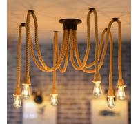 ANWIO Lampadario in Corda di Canapa Vintage, Lampada a Sospensione Industriale con 6 Attacco E27, Luce a Sospensione, Plafoniera Soffitto per Ristotante, Bar, Pranzo da Sala, Lampadine Escluse