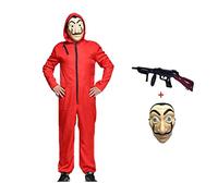 Anxicer Costume de carnaval, combinaison de voleur de banque pour Halloween, cosplay, rouge, à manches longues avec capuche, masque et mitrailleuse