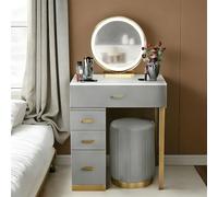 AnYaBinni Postazione Trucco con LED Specchio, 3 Modalità di Colore e Luminosità Regolabile, Toeletta con 4 Cassetti in Legno, Sgabello per Donne, 80/100 * 40 * 78 CM