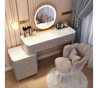 AnYaBinni Postazione Trucco con Specchio e Luce LED, 3 Modalità Colore Regolabili, Toeletta da Trucco con 5 Cassetti in Legno Massello e Sedia Petal per Camera da Letto, 80/100 * 40 * 78 CM