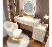 AnYaBinni Tavolo da Toeletta Set con luci a LED e Specchio, 3 Colori e Luminosità Regolabile Postazione Moderno con 5 Cassetti in Legno, Sedia in Velluto Camera da letto per ragazze e signore
