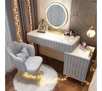 AnYaBinni Tavolo da Toeletta Set con luci a LED e Specchio, 3 Colori e Luminosità Regolabile Postazione Moderno con 5 Cassetti in Legno, Sedia in Velluto Camera da letto per ragazze e signore