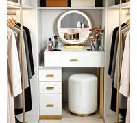 AnYaBinni Tavolo da trucco con LED Specchio e Luci, 3 Modalità Colore e Luminosità Regolabile, Postazione Trucco con 4 Cassett, Sgabello in Velluto per Ragazza, Donna, 50/60 * 40 * 75 CM