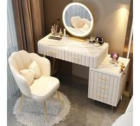 AnYaBinni Toeletta da Trucco con LED Specchio e Sedia in Velluto, 3 Modalità di illuminazione a Colori, Postazione Trucco con 8 Cassetti in Legno Massello, Moderna, L:80/100 CM